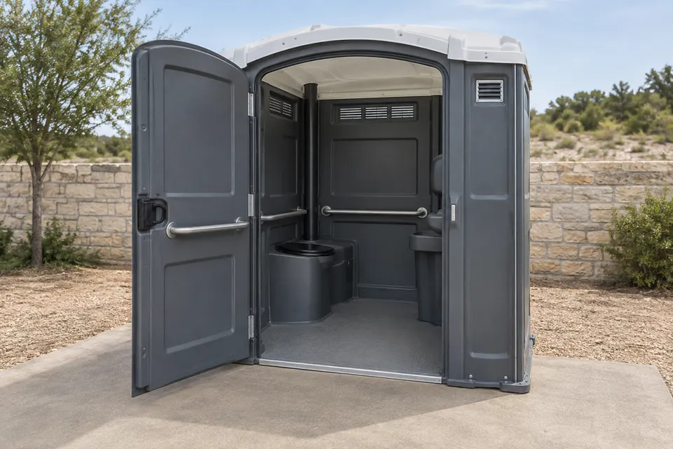 Accessible portable restroom and its wider entry