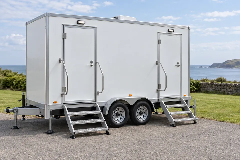 Restroom trailer with external entry steps