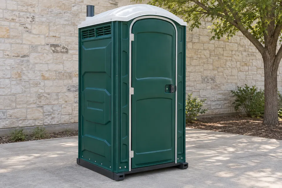 Standard portable toilet with full enclosure and level standing area