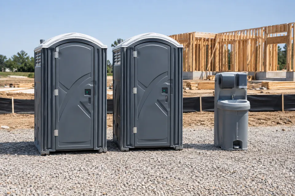 Portable toilets and handwashing beside a construction site
