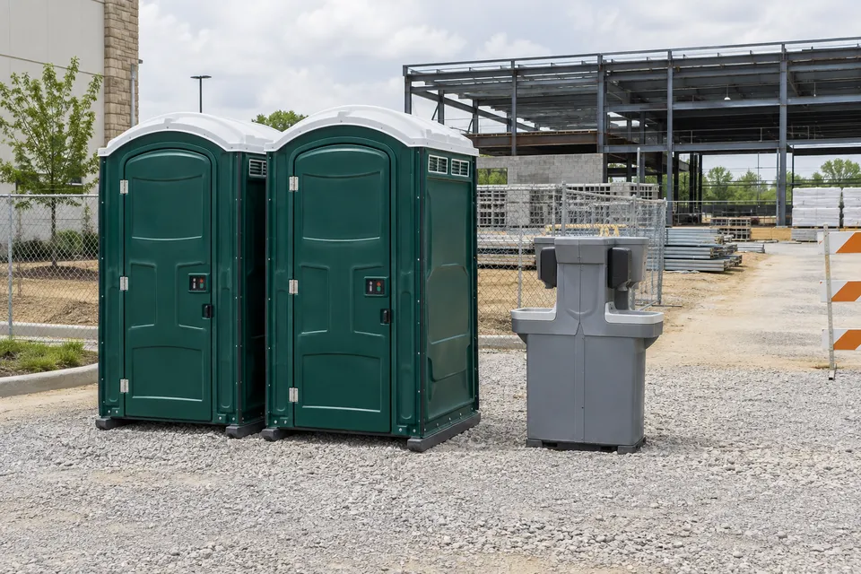 Portable toilets and handwashing beside a construction site