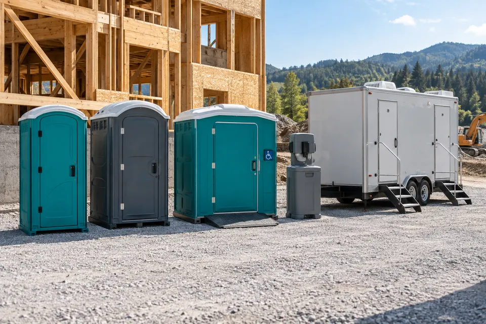 Standard, deluxe and accessible portable toilets, handwashing station and restroom trailer